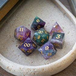 Gemstone Rainbow Fluorite Hand Carved DND Dice Set (ONLINE ORDER ONLY)