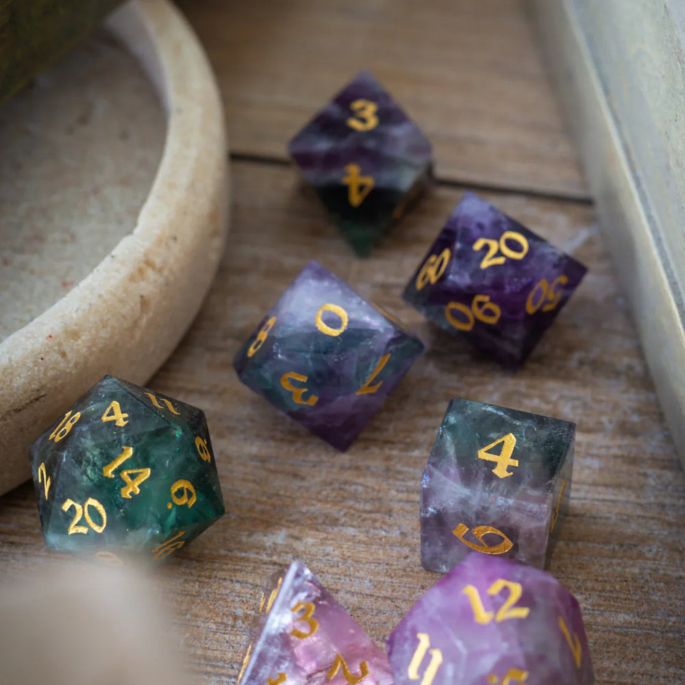 Gemstone Rainbow Fluorite Hand Carved DND Dice Set (ONLINE ORDER ONLY)