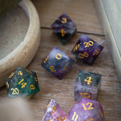 Gemstone Rainbow Fluorite Hand Carved DND Dice Set (ONLINE ORDER ONLY)