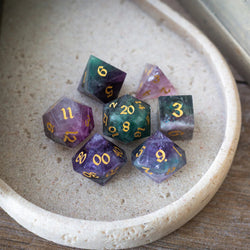 Gemstone Rainbow Fluorite Hand Carved DND Dice Set (ONLINE ORDER ONLY)