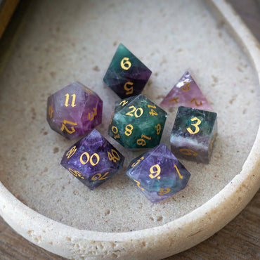 Gemstone Rainbow Fluorite Hand Carved DND Dice Set (ONLINE ORDER ONLY)