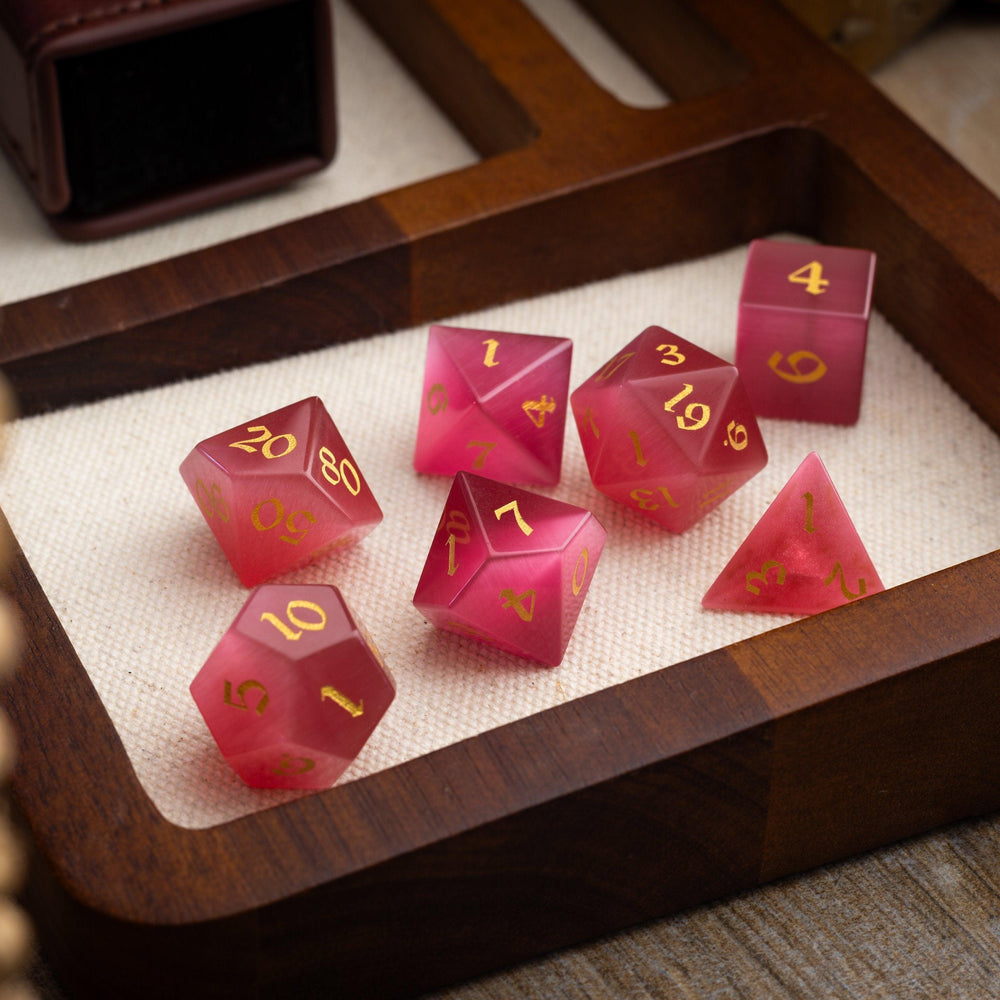Gemstone Rose Red Cats Eye Stone Hand Carved DND Dice Set (ONLINE ORDER ONLY)