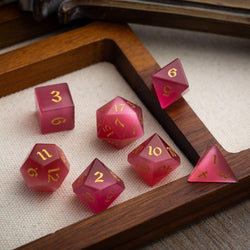 Gemstone Rose Red Cats Eye Stone Hand Carved DND Dice Set (ONLINE ORDER ONLY)