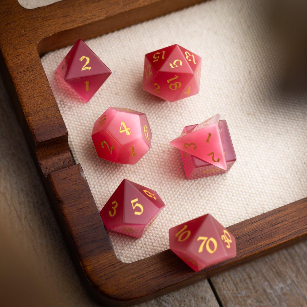 Gemstone Rose Red Cats Eye Stone Hand Carved DND Dice Set (ONLINE ORDER ONLY)