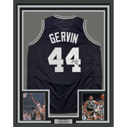 Framed Autographed/Signed George Gervin 35x39 San Antonio Black Basketball Jersey Beckett BAS COA
