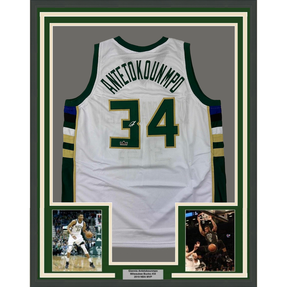 Framed Facsimile Autographed Giannis Antetokounmpo 35x39 Milwaukee White Reprint Laser Auto Basketball Jersey (ONLINE ORDER ONLY)
