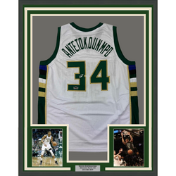 Framed Facsimile Autographed Giannis Antetokounmpo 35x39 Milwaukee White Reprint Laser Auto Basketball Jersey (ONLINE ORDER ONLY)
