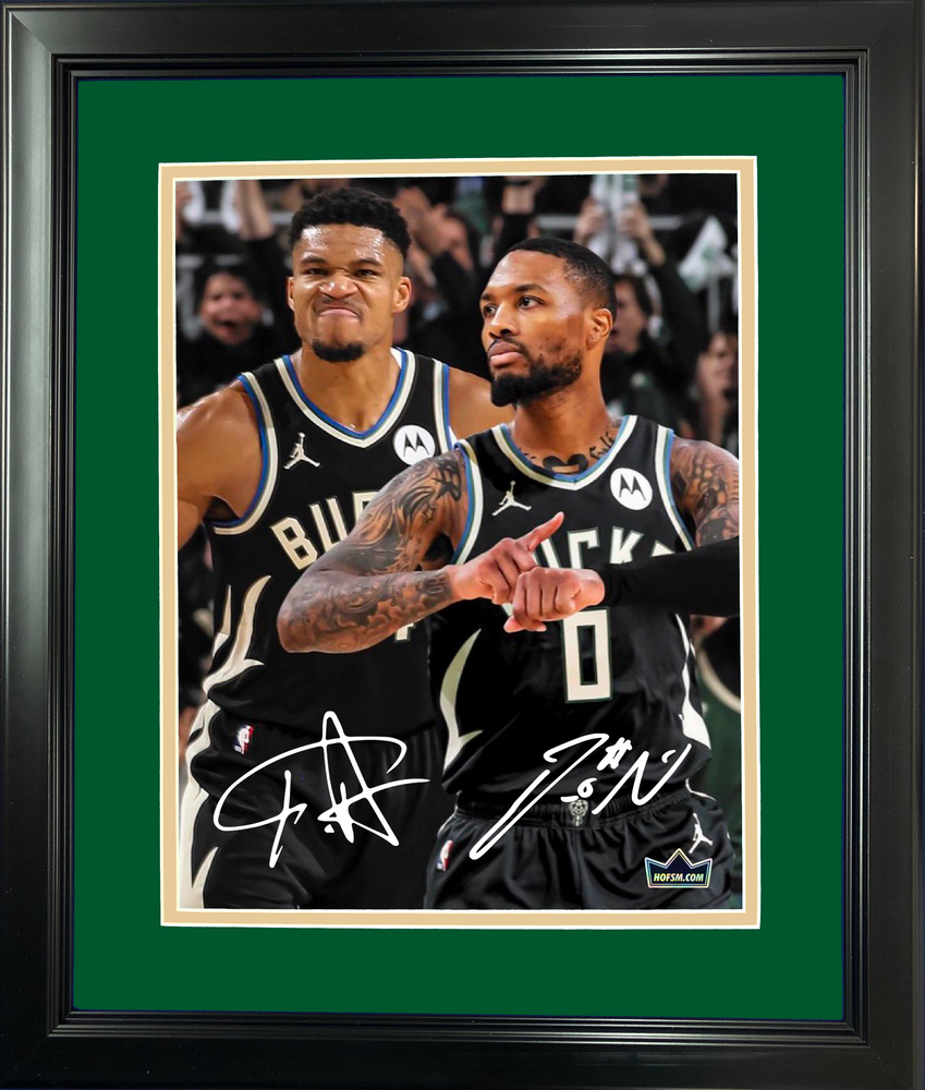 Framed Giannis Antetokounmpo & Damian Lillard Milwaukee Bucks Dual Facsimile Laser Engraved Signature Auto 11"x14" Basketball Photo HOFSM Holo (ONLINE ORDER ONLY)