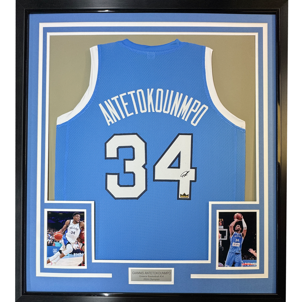 Framed Facsimile Autographed Giannis Antetokounmpo 35x39 Greece Light Blue Reprint Laser Auto Basketball Jersey (ONLINE ORDER ONLY)