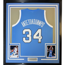 Framed Facsimile Autographed Giannis Antetokounmpo 35x39 Greece Light Blue Reprint Laser Auto Basketball Jersey (ONLINE ORDER ONLY)