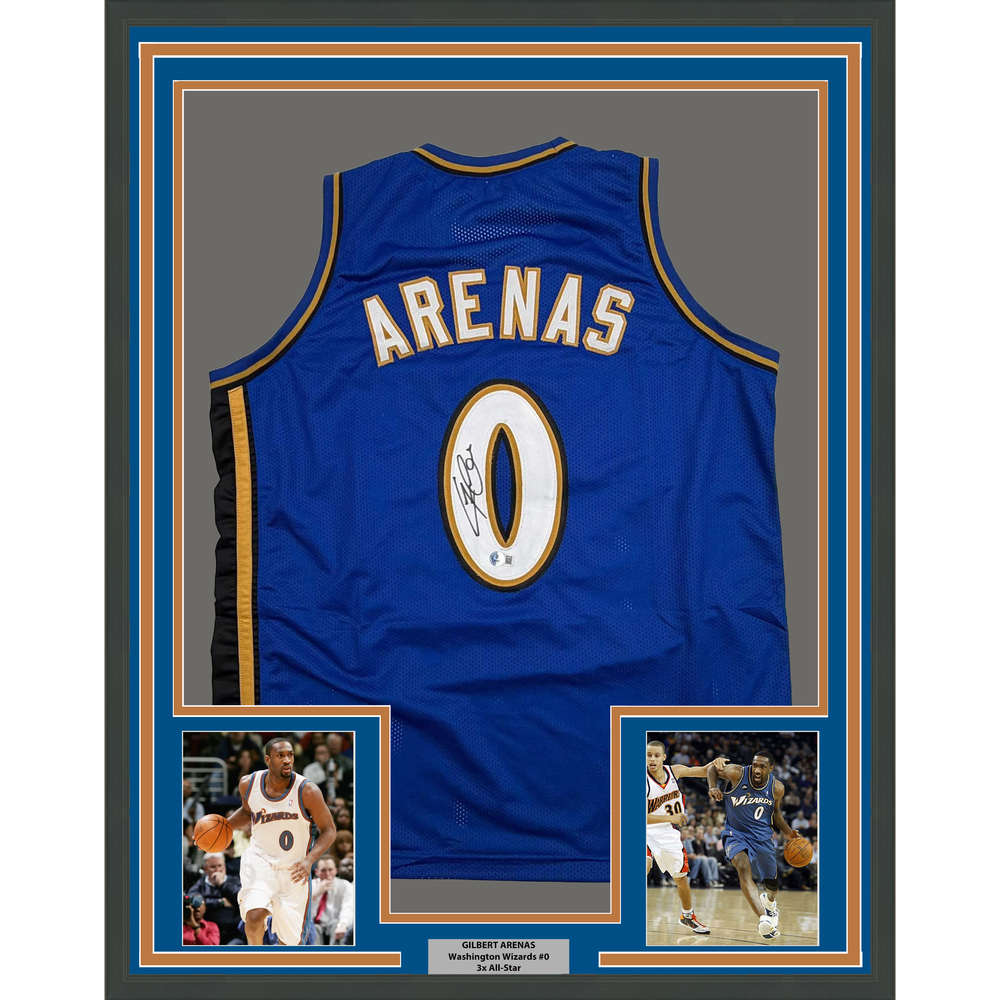 Framed Autographed/Signed Gilbert Arenas 35x39 Washington Blue Basketball Jersey Beckett BAS COA