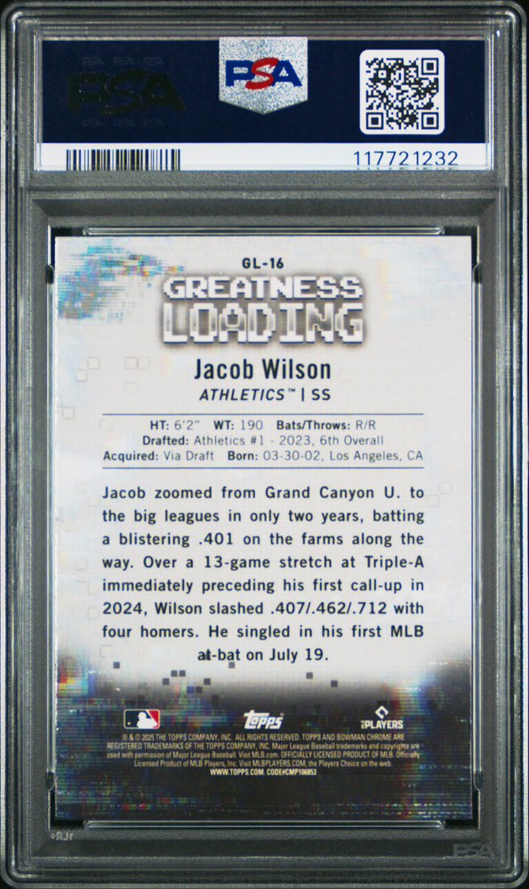 Graded 2025 Topps Bowman Jacob Wilson #GL16 Greatness Loading Rookie RC Baseball Card PSA 10 Gem Mint (ONLINE ORDER ONLY)