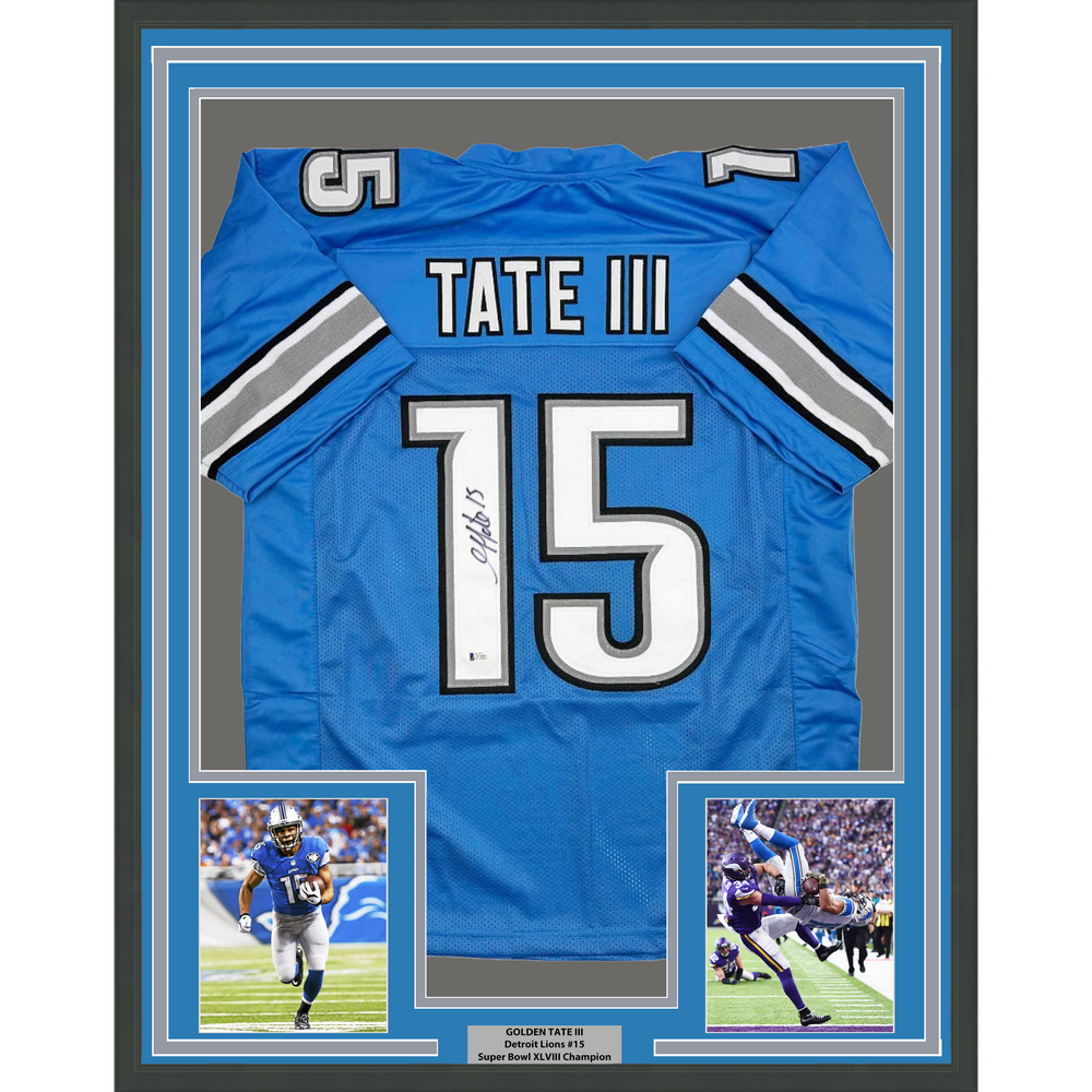 Framed Autographed/Signed Golden Tate 35x39 Detroit Blue Football Jersey Beckett BAS COA (ONLINE ORDER ONLY)