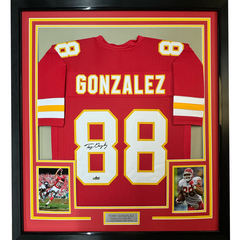 Framed Facsimile Autographed Tony Gonzalez 35x39 Kansas City Red Reprint Laser Auto Football Jersey (ONLINE ORDER ONLY)