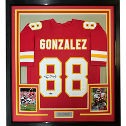 Framed Facsimile Autographed Tony Gonzalez 35x39 Kansas City Red Reprint Laser Auto Football Jersey (ONLINE ORDER ONLY)