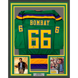Framed Facsimile Autographed Emilio Estevez Gordon Bombay 35x39 Green Reprint Laser Auto Hockey Jersey (ONLINE ORDER ONLY)