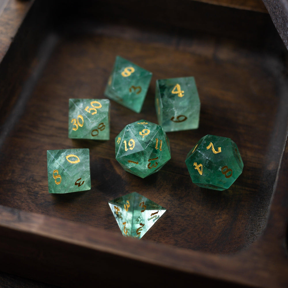 Green Fluorite Gemstone (Chlorophane) Hand Carved DND Dice Set (ONLINE ORDER ONLY)