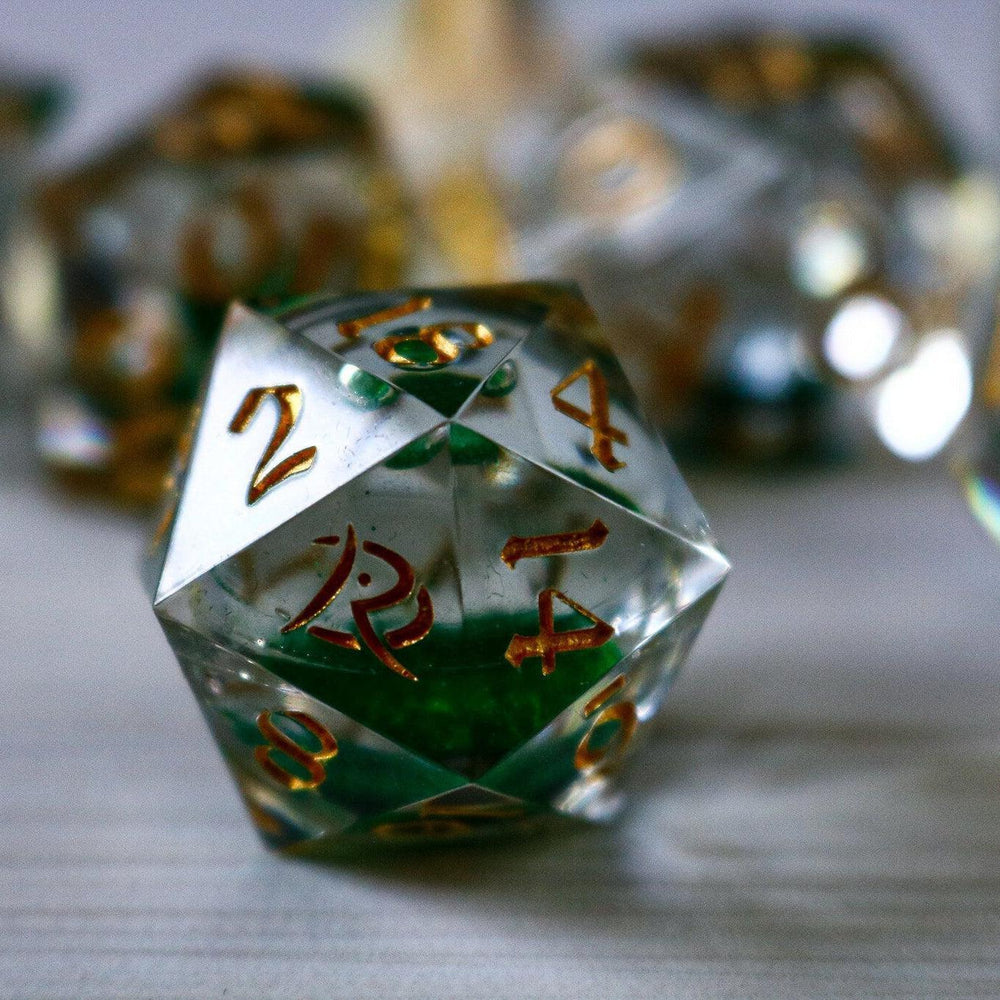 Green Glitter Liquid Core Handmade Sharp Edge Resin DND Dice Set (ONLINE ORDER ONLY)