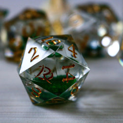 Green Glitter Liquid Core Handmade Sharp Edge Resin DND Dice Set (ONLINE ORDER ONLY)