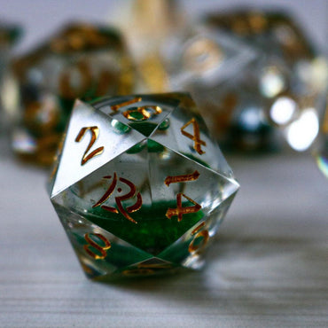 Green Glitter Liquid Core Handmade Sharp Edge Resin DND Dice Set (ONLINE ORDER ONLY)