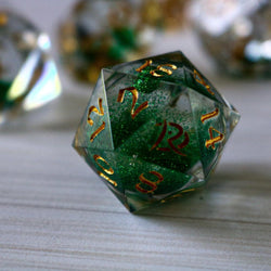 Green Glitter Liquid Core Handmade Sharp Edge Resin DND Dice Set (ONLINE ORDER ONLY)