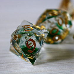 Green Glitter Liquid Core Handmade Sharp Edge Resin DND Dice Set (ONLINE ORDER ONLY)