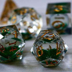 Green Glitter Liquid Core Handmade Sharp Edge Resin DND Dice Set (ONLINE ORDER ONLY)