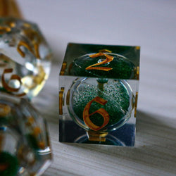 Green Glitter Liquid Core Handmade Sharp Edge Resin DND Dice Set (ONLINE ORDER ONLY)