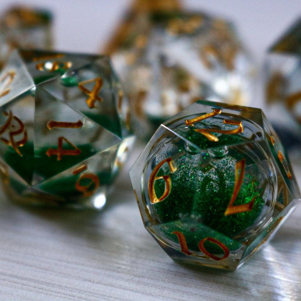 Green Glitter Liquid Core Handmade Sharp Edge Resin DND Dice Set (ONLINE ORDER ONLY)