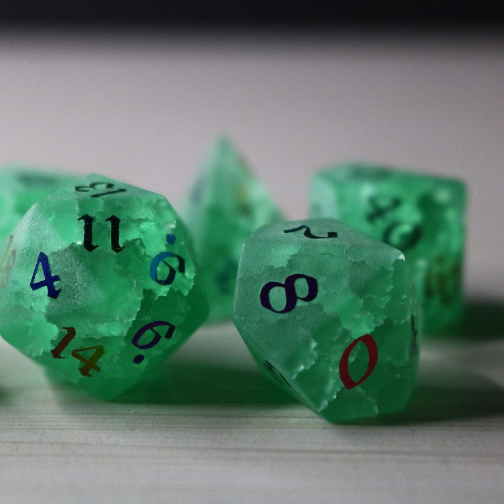 Green Mint Inked Lightning Cracked Glass DND Dice Set (ONLINE ORDER ONLY)