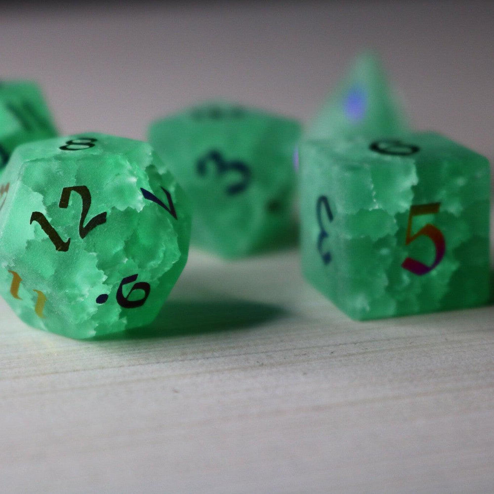 Green Mint Inked Lightning Cracked Glass DND Dice Set (ONLINE ORDER ONLY)