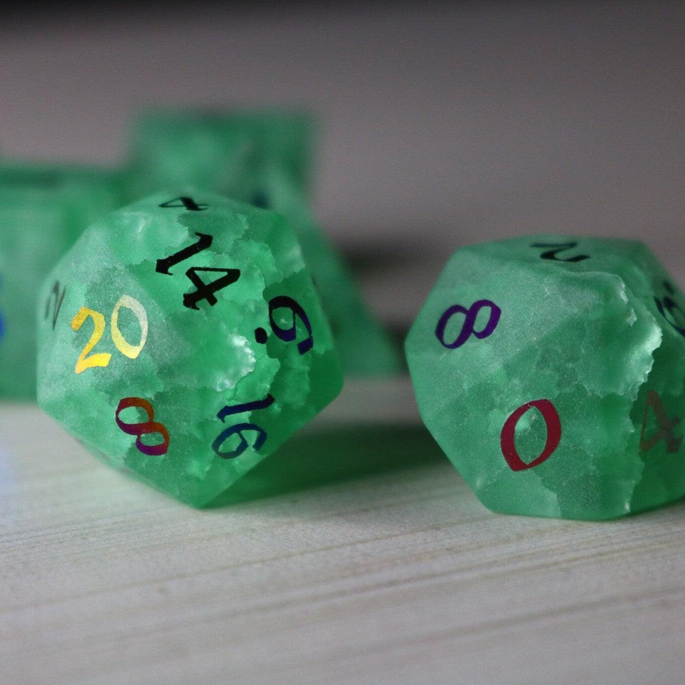 Green Mint Inked Lightning Cracked Glass DND Dice Set (ONLINE ORDER ONLY)