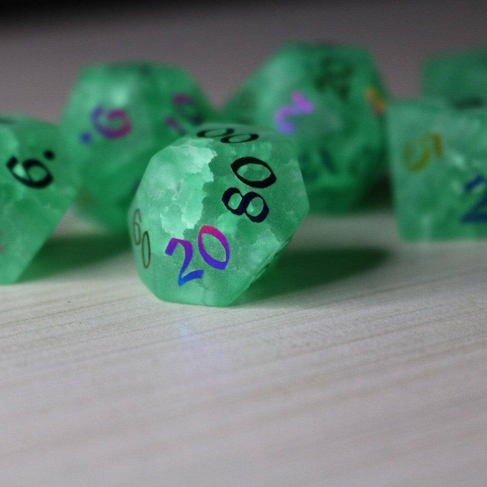 Green Mint Inked Lightning Cracked Glass DND Dice Set (ONLINE ORDER ONLY)