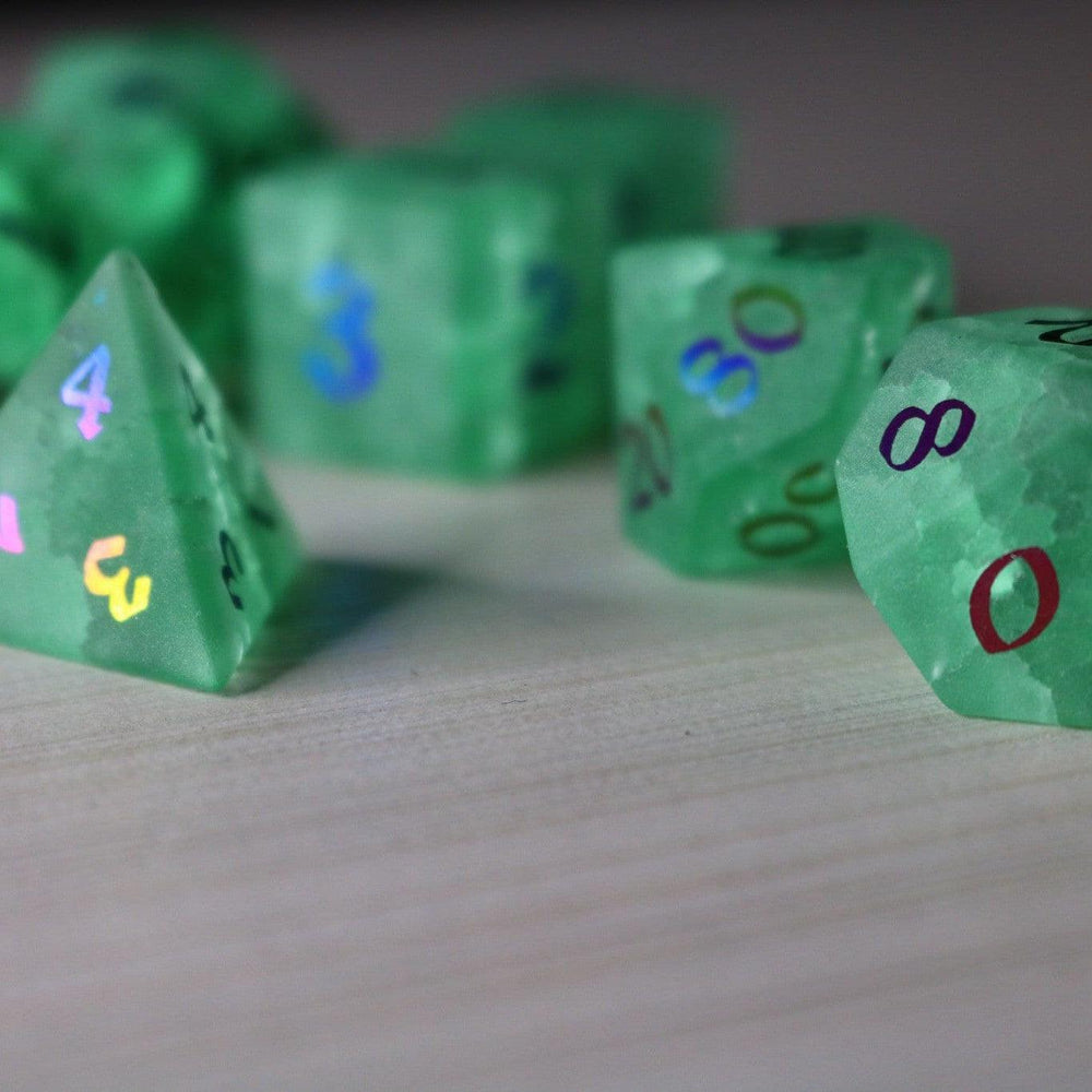 Green Mint Inked Lightning Cracked Glass DND Dice Set (ONLINE ORDER ONLY)