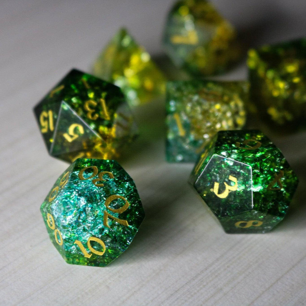 Green Poison Forge Fire Cracked Glass DND Dice Set (ONLINE ORDER ONLY)