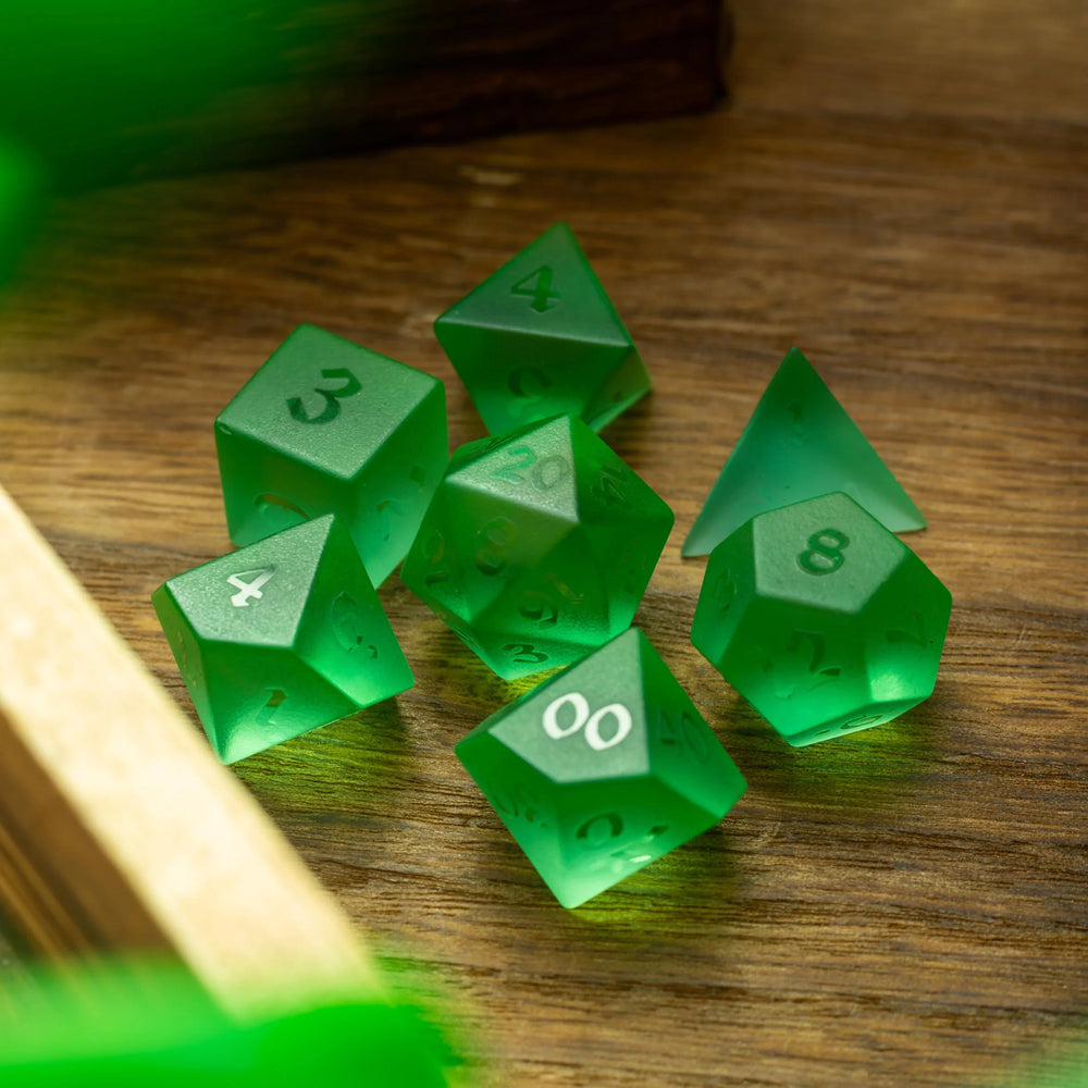 Green Raised Zircon Glass Hand Carved DND Dice Set (ONLINE ORDER ONLY)