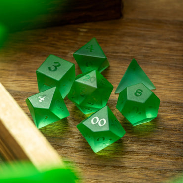 Green Raised Zircon Glass Hand Carved DND Dice Set (ONLINE ORDER ONLY)