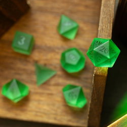 Green Raised Zircon Glass Hand Carved DND Dice Set (ONLINE ORDER ONLY)
