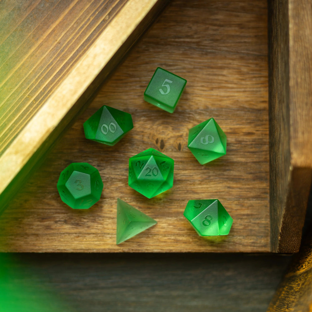 Green Raised Zircon Glass Hand Carved DND Dice Set (ONLINE ORDER ONLY)
