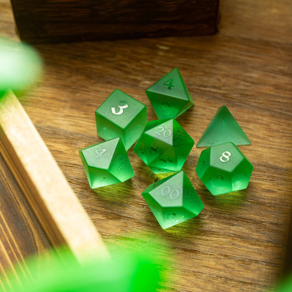 Green Raised Zircon Glass Hand Carved DND Dice Set (ONLINE ORDER ONLY)