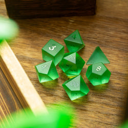 Green Raised Zircon Glass Hand Carved DND Dice Set (ONLINE ORDER ONLY)
