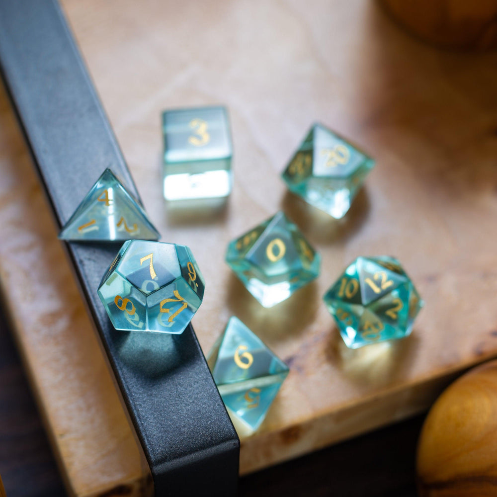 Green Water Glass Hand Carved DND Dice Set (ONLINE ORDER ONLY)