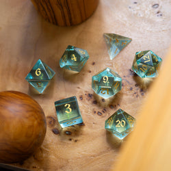 Green Water Glass Hand Carved DND Dice Set (ONLINE ORDER ONLY)