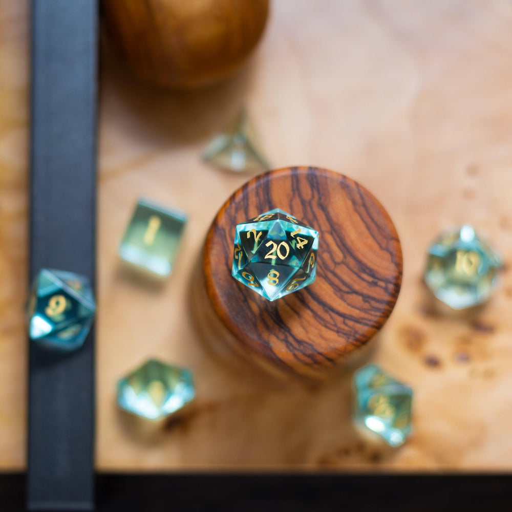 Green Water Glass Hand Carved DND Dice Set (ONLINE ORDER ONLY)
