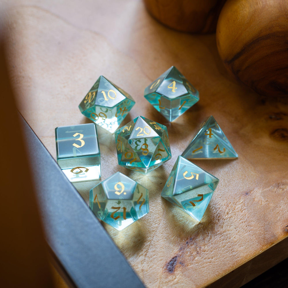 Green Water Glass Hand Carved DND Dice Set (ONLINE ORDER ONLY)