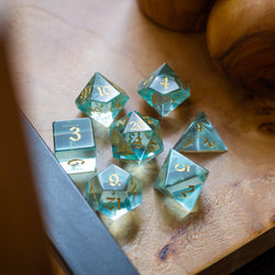 Green Water Glass Hand Carved DND Dice Set (ONLINE ORDER ONLY)