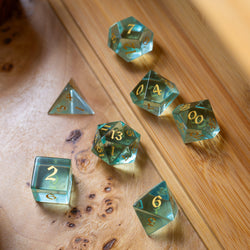Green Water Glass Hand Carved DND Dice Set (ONLINE ORDER ONLY)