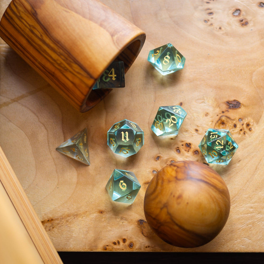 Green Water Glass Hand Carved DND Dice Set (ONLINE ORDER ONLY)