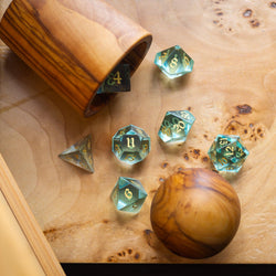Green Water Glass Hand Carved DND Dice Set (ONLINE ORDER ONLY)