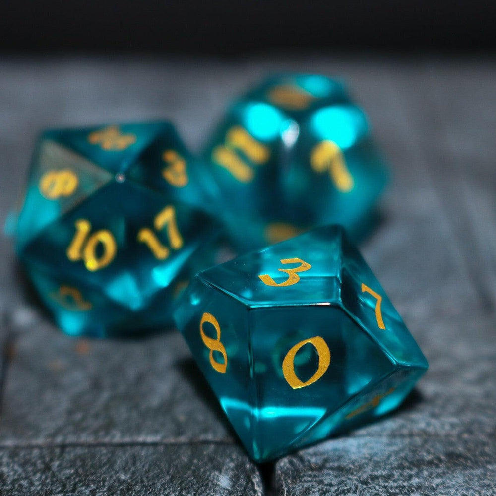 Green Zircon Glass Hand Carved DND Dice Set (ONLINE ORDER ONLY)